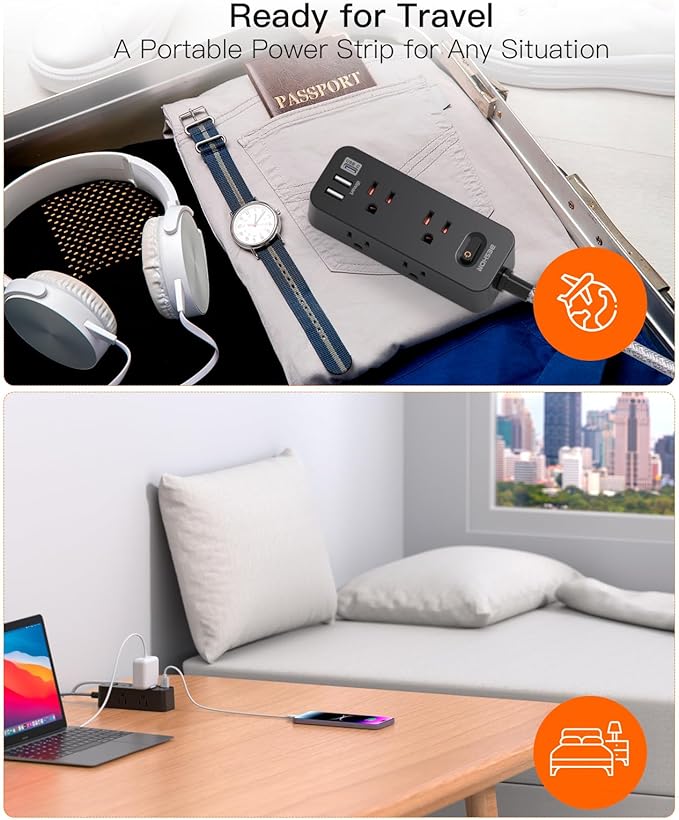 Extension Cord 20FT, BESHON Power Strip Surge Protector, 6 Outlets with 3 USB Ports(1 USB C Outlet), 3-Side Outlet Extender, Wall Mount, Compact for Travel, Home, College Dorm Room, and Office, Black