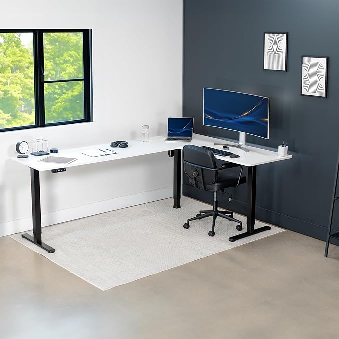 VIVO Corner Standing Desk, 84 x 63 inch Reversible L-Shaped Workstation, Electric Height Adjustment, Home, Office, and Reception Rooms, White Table Top Black Frame, DESK-E3CTBW-84