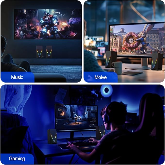 Computer Speakers, Desktop PC Speakers with 6 Colorful RGB Lights, Headphone Jack, Enhanced Bass and Volume Control, USB Powered & 3.5mm Aux Gaming Speakers for Laptop Monitor PC Tablet Phone