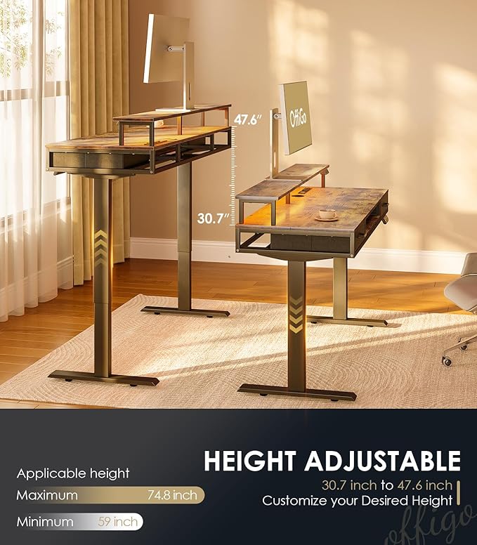 OffiGo Electric Standing Desk with Drawers & Keyboard Tray, 63 Inch Height Adjustable Desk with Power Outlets & LED Lights, Sit Stand Table with Monitor Stand for Home, Office, Rustic Brown