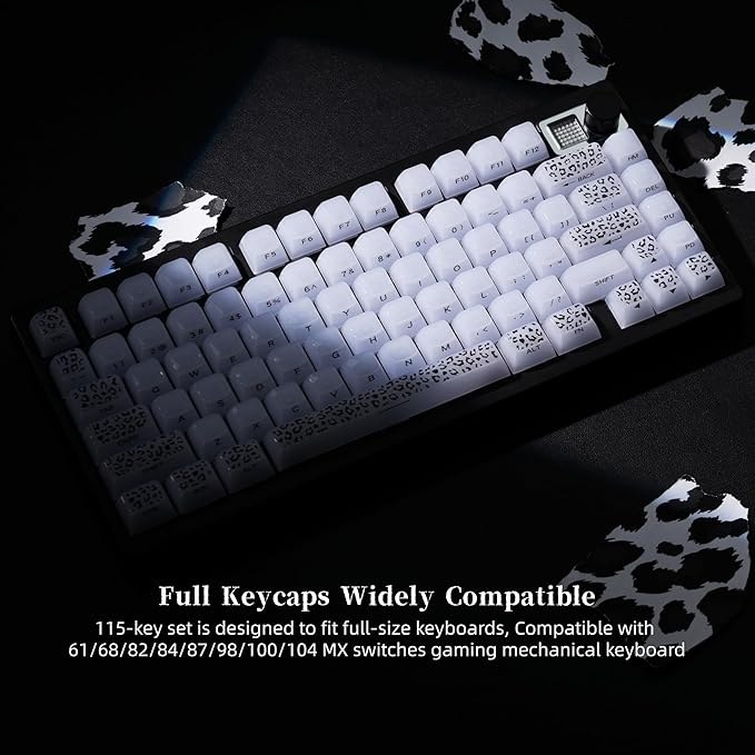 Womier Keyboard Keycaps Jelly, White Ceramic Keycaps Style, Leopard Print Key Cap,Transparent Side Printed Custom 60 65 75 100 Percent for Cherry MX,Gateron Mechanical Keyboards,MDA Profile