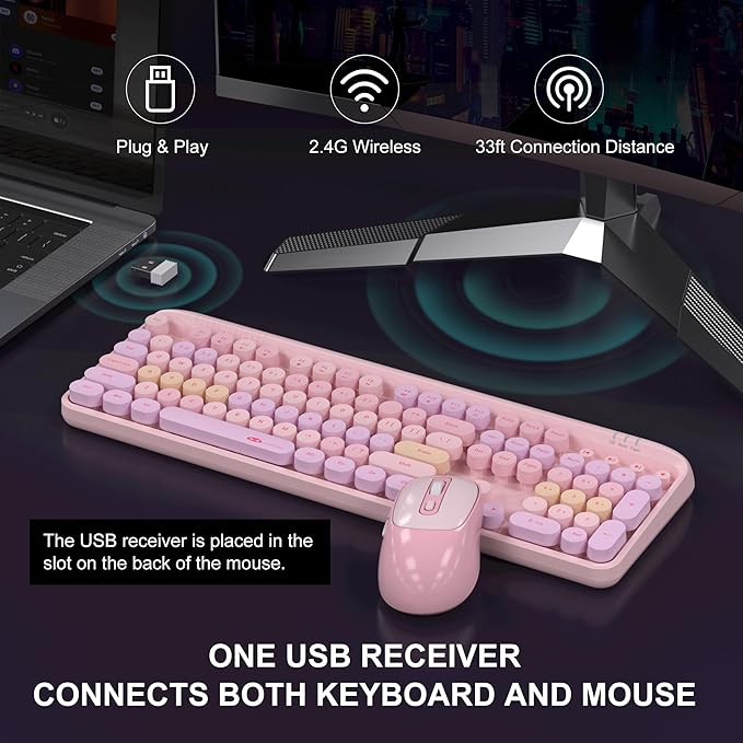 MageGee V920 Wireless Keyboard and Mouse Combo, 2.4G Full-Sized Retro Typewriter Keyboard with Round Keycaps & Auto-Sleep Mode, Cute Computer Keyboard and Cordless Optical Mouse for Laptop/PC (Pink)