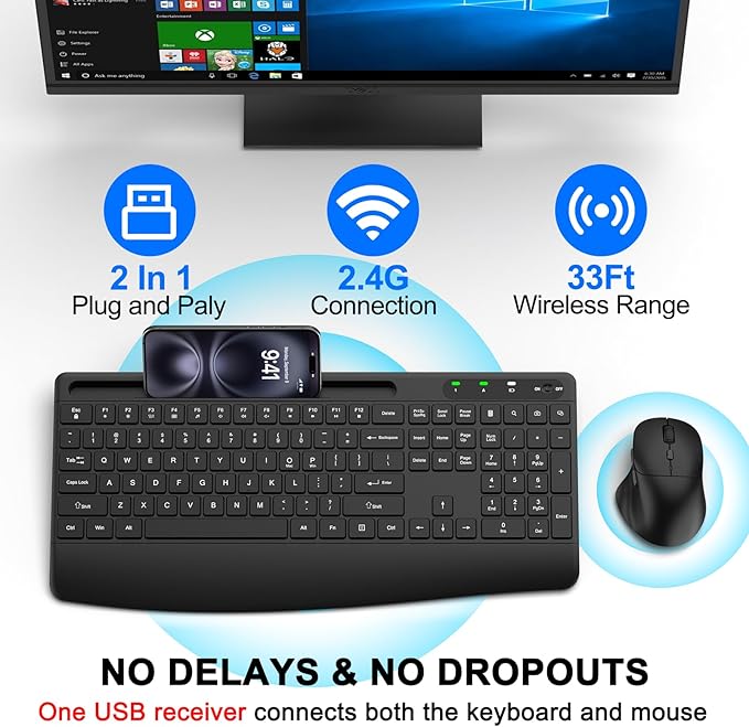 Wireless Keyboard and Mouse Combo, 2.4G Full Size Silent Ergonomic Keyboard with Wrist Rest, Phone Holder, 3 DPI Adjustable Ergonomic Quiet Mouse for Windows, Mac OS Desktop/Laptop/PC(Black)