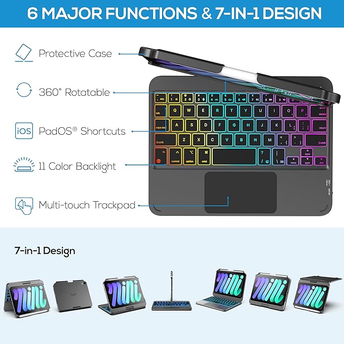 typecase Keyboard Case for iPad mini 7 (2024) & mini 6 (2021) - Wireless Case with Keyboard for iPad mini 7th 6th Generation 8.3" - 11 Colors Backlit Keyboard Cover with Trackpad - Dark Gray