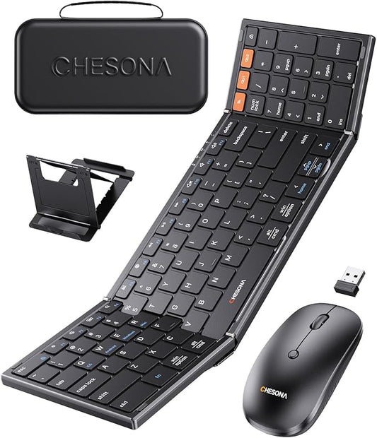 CHESONA Foldable Keyboard and Mouse Combo - Ultra Slim 600g with 2.4G+Dual Bluetooth Compact Wireless Folding Keyboard with Stand - Portable for Business/Travel with Case - Win/Mac/iOS/Android - Black