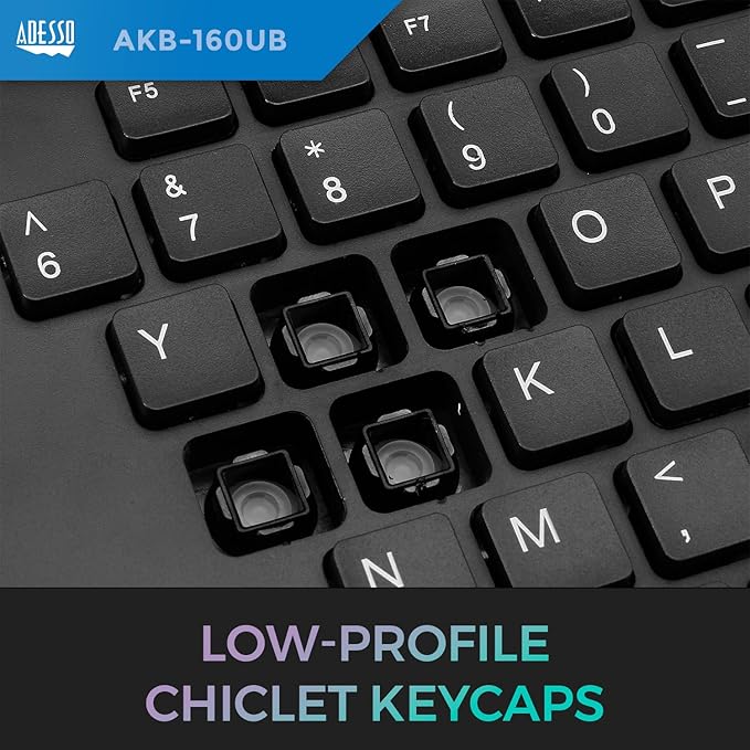 Adesso AKB-160UB Wired Ergonomic Keyboard with Integrated Palm Rest, Chiclet Keycaps, and Multimedia Hotkeys