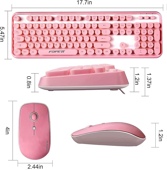 FOPETT Keyboard and Mouse Sets Wireless, Reliable 2.4 GHz Connectivity for PC,Laptop,Smart TV and More (Pink)