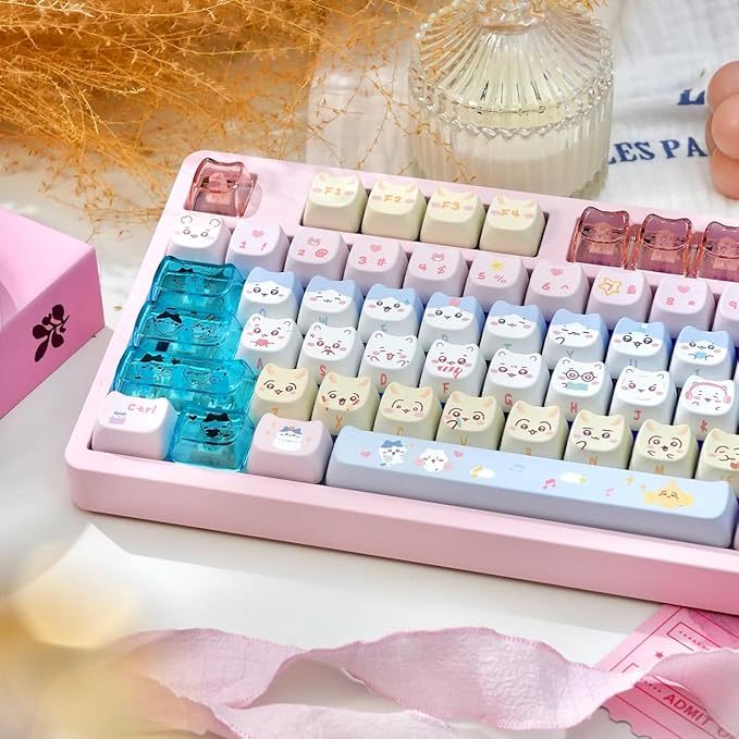 26 Keys Crystal Jelly Personalized Keycaps, PC Material Cute Blue Pink Kawaii Transparent Custom Keycaps, Mao Profile Keycap for DIY MX Swithes Mechanical Keyboards