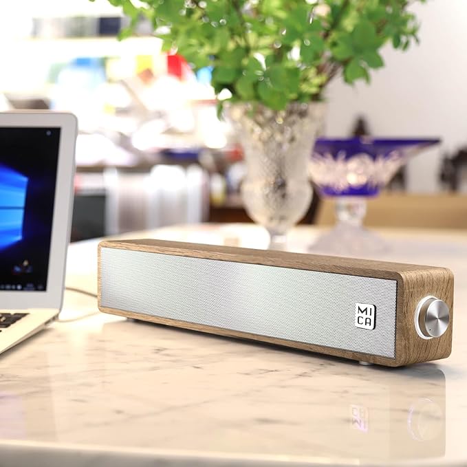 MICA Computer Speakers, Vintage Wired Computer Sound Bar, Retro Wooden Mini Soundbar, 3.5mm Aux Connection, USB Powered PC Speakers for Desktop Monitor, Laptop, Tablets (Yellow)