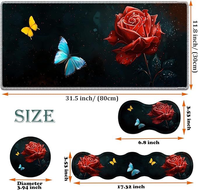 Large Gaming Mouse Pad + Keyboard Wrist Rest + Wrist Support + Coaster Set, Memory Foam Ergonomic for Easy Typing, XXL Extended Gaming Mouse Pad Table Pad - Starry Red Rose