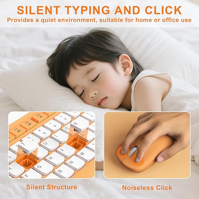 Wireless Keyboard and Mouse Combo, Full-Sized Wireless Keyboard and Adjustable DPI Mouse, 2.4GHz USB Receiver, Keyboard and Mouse for PC, Windows, Desktop, Laptop (Orange-B)