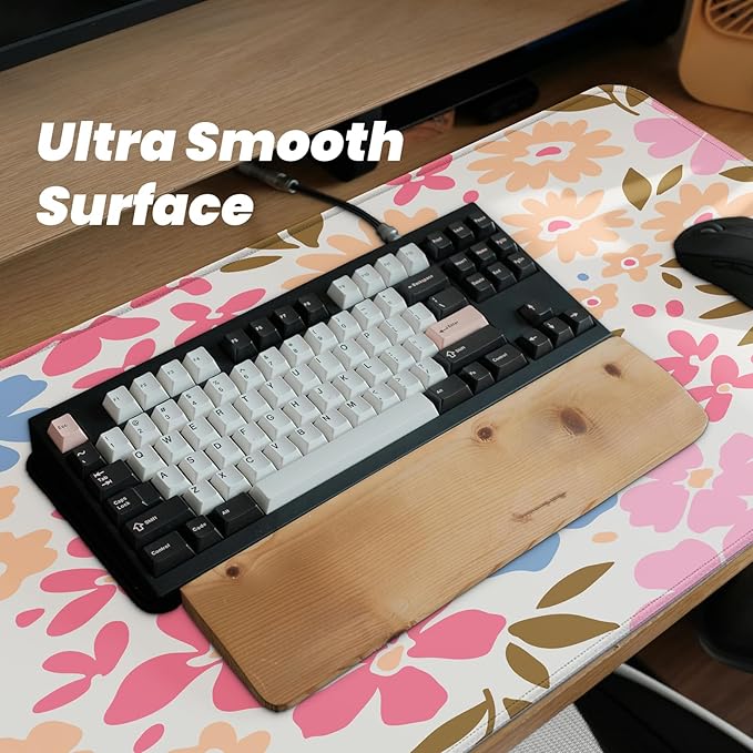 Gaming Mouse Pad with Non-Slip Base, Cute Mouse Mat with Stitched Edges for Keyboard and Mouse, Large Anime Mousepad for Computer, 31.5 x 11.8 inches (Pink Flower)