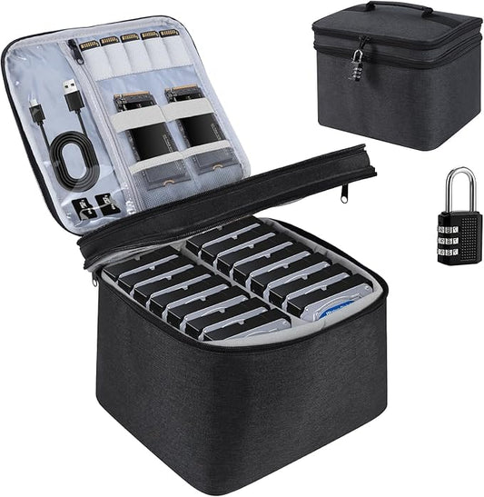 Hard Drive Case,14 -Bay Protective Storage Bag for 3.5" HDD, Large Capacity Storage Box with Lock,Portable External Hard Drive Carrying Case,Movable Grid and Shockproof(Bag only)