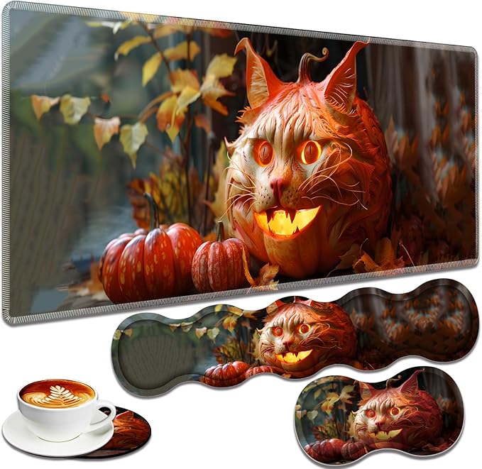 Large Gaming Mouse Pad + Keyboard Wrist Rest + Wrist Support + Coaster Set, Memory Foam Ergonomic for Easy Typing, XXL Extended Gaming Mouse Pad Table Pad - Pumpkin Cat