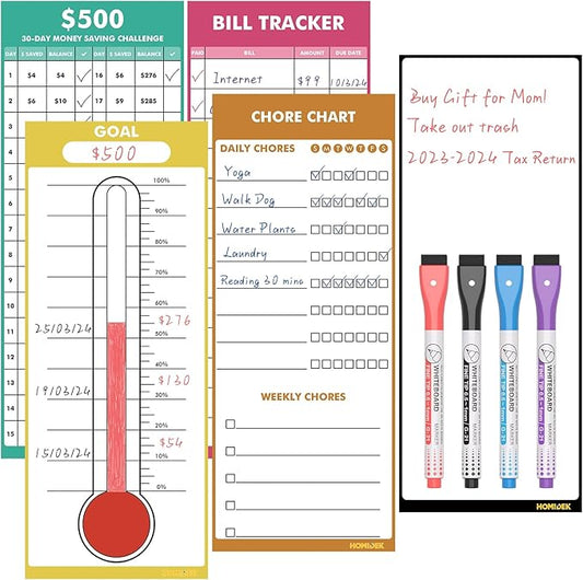 HOMiDEK Magnetic Whiteboard for Fridge - Reusable Dry Erase Chore Chart, Fundraising Thermometer Goal Tracker, Bill Payment Tracker, Money Saving Challenge and Memo Pad, 4 Markers - 5 Sheets, 4" x 10"