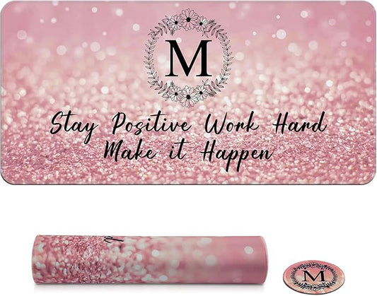 Pink Large Gaming Mouse Pad with Coaster, Desk Mat, Mouse Pad for Computer Keyboard Laptop Office Decor, Stitched Edges Extended Mousepad, 31.5'' x15.6''-Letter M