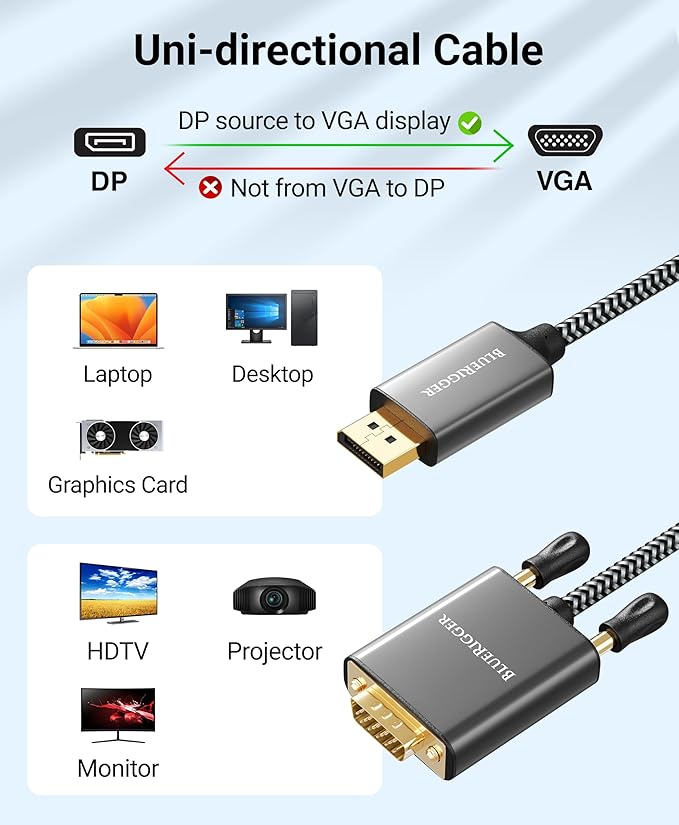 BlueRigger 6FT DisplayPort to VGA Cable - DP to VGA Monitor Cable, Uni-Directional, Male to Male, Compatible with Laptop, Monitor, Desktop, HDTV