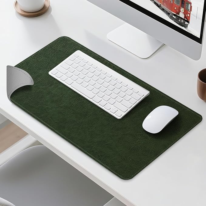Imitation Crazy Horse Leather Desk Mat - Waterproof Desk Pad - Ideal for Large Mouse Pad and Desk Mats on Top of Desks (Green+Gray, 25"*13")