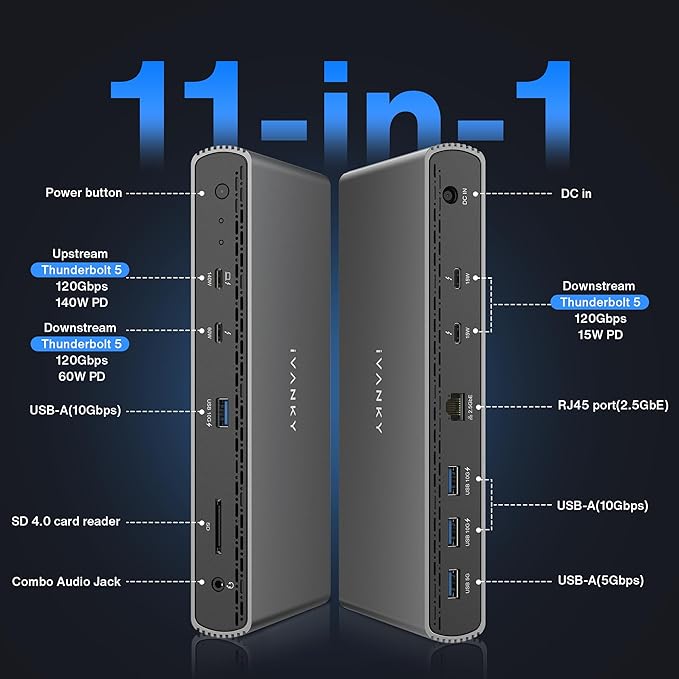 iVANKY Thunderbolt 5 Dock FusionDock Pro 3 Docking Station 11-in-1 Hub Single 8K, Dual 6K@60Hz for MacBook M1/M2/M3/M4/M5 Pro/Max, Dual 8K@60Hz for Windows TB5, 180W Power, 120Gbps, 2.5GbE
