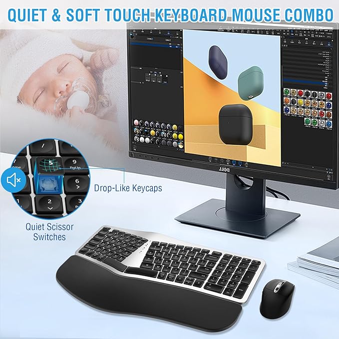 Ergonomic Wireless Keyboard Mouse Combo, EDJO Bluetooth/2.4G Dual Channel, Split Design, Soft Foam Palm Rest, 4 Level DPI Adjustable Wireless Mouse, Rechargeable, for Windows/Mac/Android(Sliver)