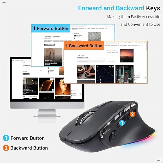 Ergonomic Mouse,Bluetooth Vertical Wireless Mouse,LED Rechargeable Optical Computer Mice, Portable(BT5.2 or USB 2.4GHz) Dual Mode,1000/1600/2400 DPI,8 Buttons for Laptop,Desktop,PC,Macbook (grey)