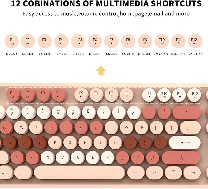 Wireless Keyboard and Mouse Combo,Retro Typewriter Keyboard with 104 Cute Colorful Round Keys,Brown Coffee keyboard and Mouse Set for Long Nail,2.4GHz Full Size Keyboard with 3 DPI Mouse for PC Laptop