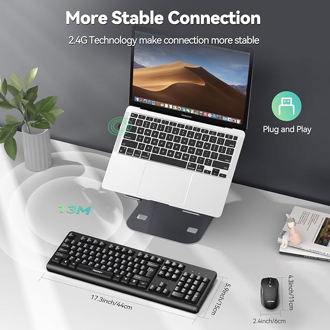 TECKNET Wireless Keyboard and Mouse Combo, Full-Size Ergonomic Keyboard & Optical Mouse, Low-Noise Typing & Clicking,Long Battery Life,Spill-Resistant,2.4G Lag-Free USB Receiver for PC,Laptop,Computer