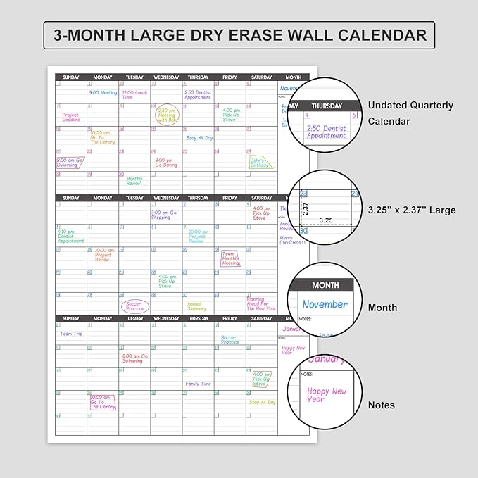 Large Dry Erase Calendar for Wall - 3 Month Vertical Wall Calendar, Blank Reusable Monthly Quarterly Planner Undated, 27.8"x41" Whiteboard Calendar, Office, Classroom