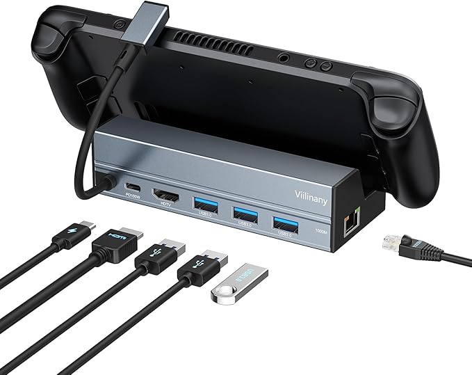 6-in-1 USB C Hub with HDMI 4K@60Hz, 100W PD Charging, 3 USB 3.0 Ports, Gigabit Ethernet, Aluminum Alloy USB-C Docking Station for Steam Deck, Laptop, macOS, Windows, Linux, Gaming Devices