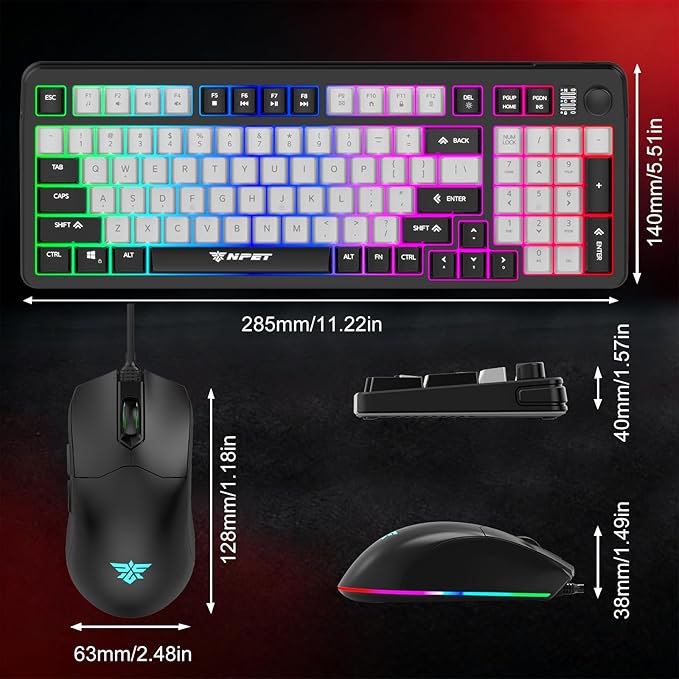 NPET Wired Keyboard and Mouse Combo, 98 Keys Mechanical Feel Quiet Membrane Keyboard with Knob, Double-Shot Keycaps, Spill-Resistant, 26-Key Rollover, RGB Backlight for PC/Mac Gamers
