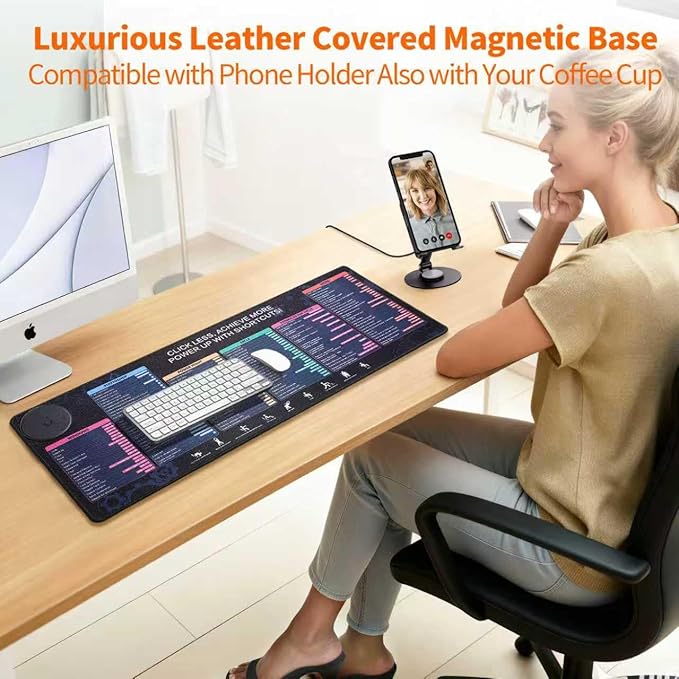 Magnetic Wireless Charging,Excel Cheat Sheet Mouse Pad with Phone Stand Extended Excel Shortcuts Desk Pad, Waterproof Ultra-Smooth Keyboard Mat, Non-Slip Base (Not Included Adapter 9V 2A)