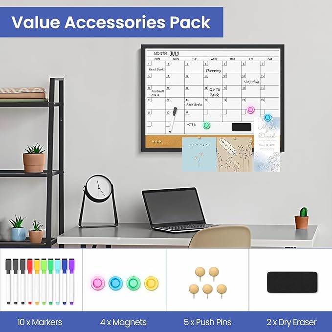 Dry Erase Calendar Cork Board Combo, 18 x 24 Inches Monthly Calendar Whiteboard for Wall, Magnetic White Board with Wood Framed, Hanging Dry Erase Board for Kitchen Home Office School Planner