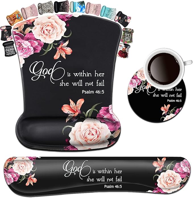 Keyboard Wrist Rest Pad and Ergonomic Mouse Pad Wrist Support Set Psalm 46:5 God is Within Her, She Will Not Fall Peony Flower for Gaming , Office, Comfortable and Pain Relief with Coaster Set