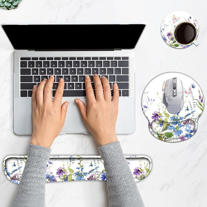 Keyboard Wrist Rest, Ergonomic Mouse Pad Wrist Support, Memory Foam Wrist Rest, Anti-Slip Base,Weeds Mousepad with Coaster for Computer Keyboard Office Home, Beautiful Floral White