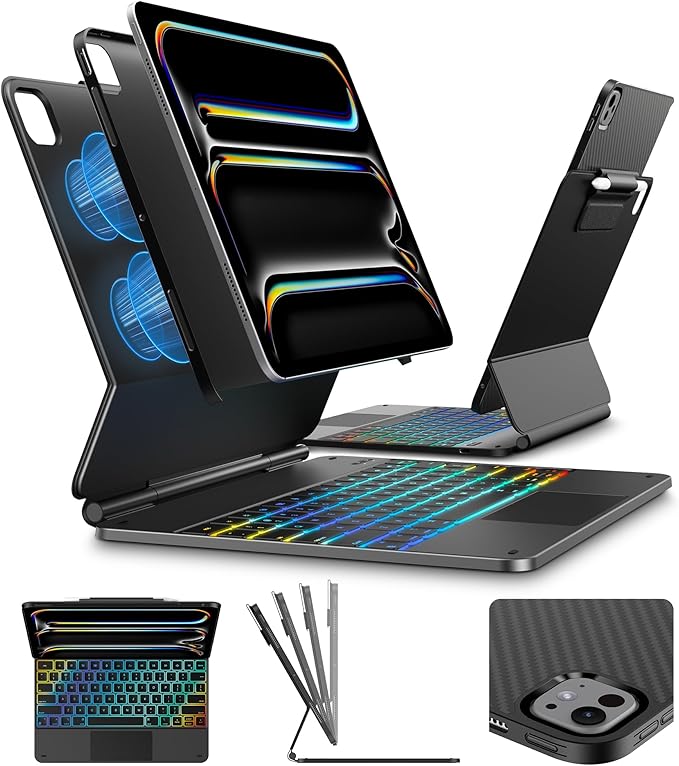 typecase Edge+ Keyboard Case for iPad Pro 13-inch (M5/M4) 2025/2024, Black Keyboard with Carbon Fiber Protective Case,Portrait & Typing Modes,Built-in Trackpad,11-Color Backlight,Magnetic Stand