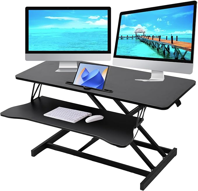 37" Desk Converter, Height Adjustable Stand Up Desk Converter, 2 Monitor Standing, Sit to Stand, Quick Sit to Tabletop, Riser Workstation with Wide Keyboard Tray