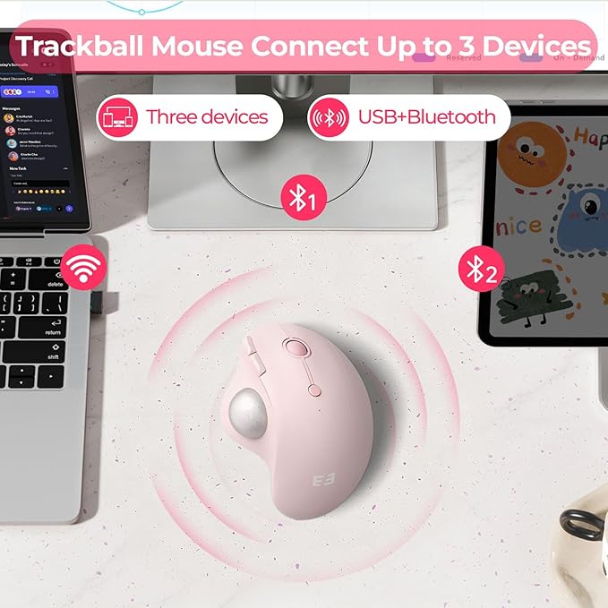 seenda Wireless Trackball Mouse, Bluetooth - Ergonomic Rollerball Mouse Rechargeable, 3 Device Connection Optical Mice Adjustable DPI Thumb Control Mice Compatible for Mac/Android/Windows - Rose Pink