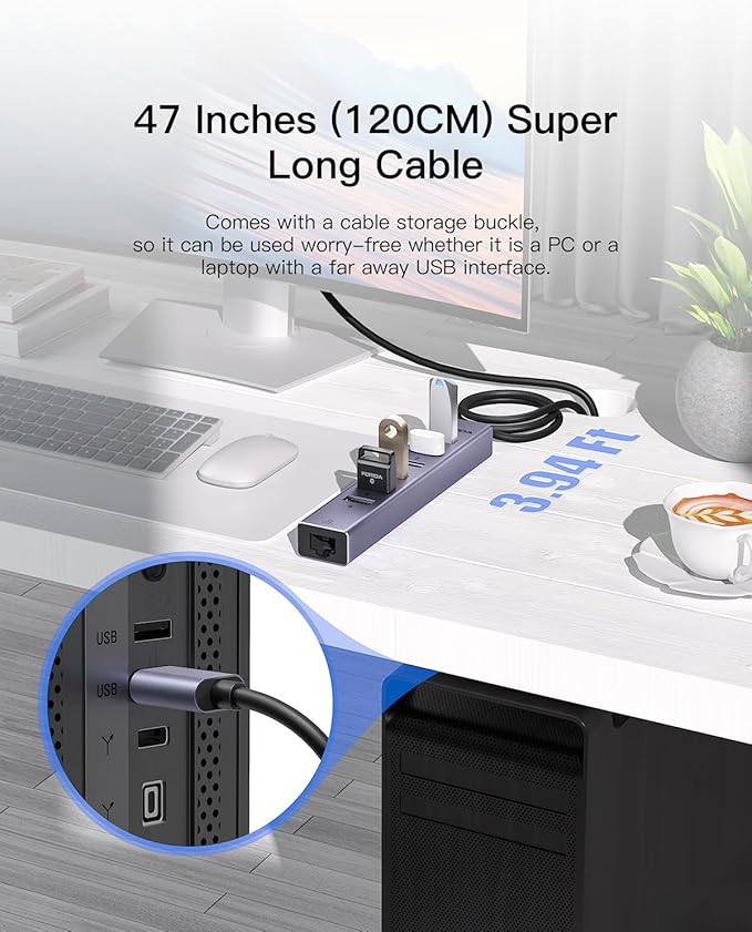 FORIDA Aluminum USB to Ethernet Adapter with 7-Port USB Hub – 3.9ft Long Cable, Gigabit Ethernet Port, 5V/3A Power Port | USB Extender Compatible with Windows, macOS, Linux & More