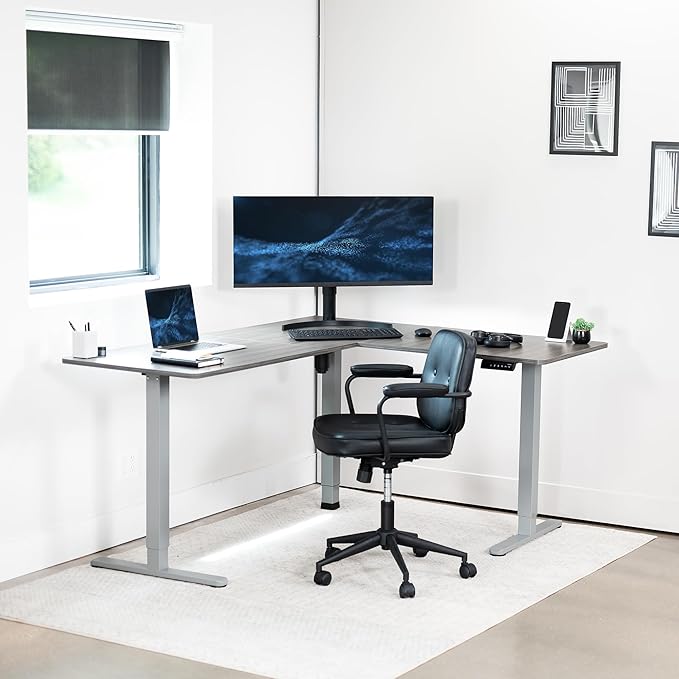 VIVO Corner Standing Desk, 63 x 55 inch Reversible L-Shaped Workstation, Electric Height Adjustment, Home, Office, and Reception Rooms, Dark Gray Table Top Gray Frame, DESK-E3CTGG