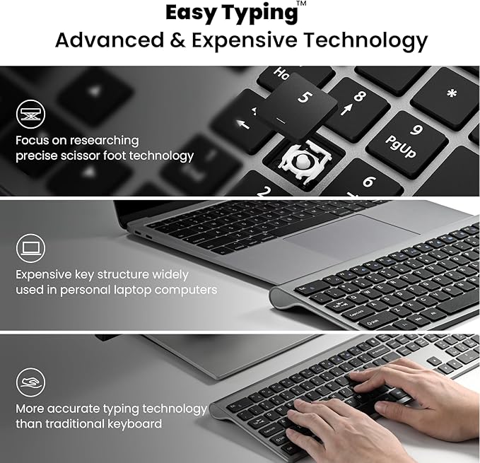 Rechargeable Wireless Keyboard and Mouse Combo, Full Size Silent Ergonomic Scissor Switch Keyboard and Optical Mouse Set, 2.4G Lag-Free Cordless Keyboard Mice for Computer,Mac,Laptop,PC,Windows-Grey