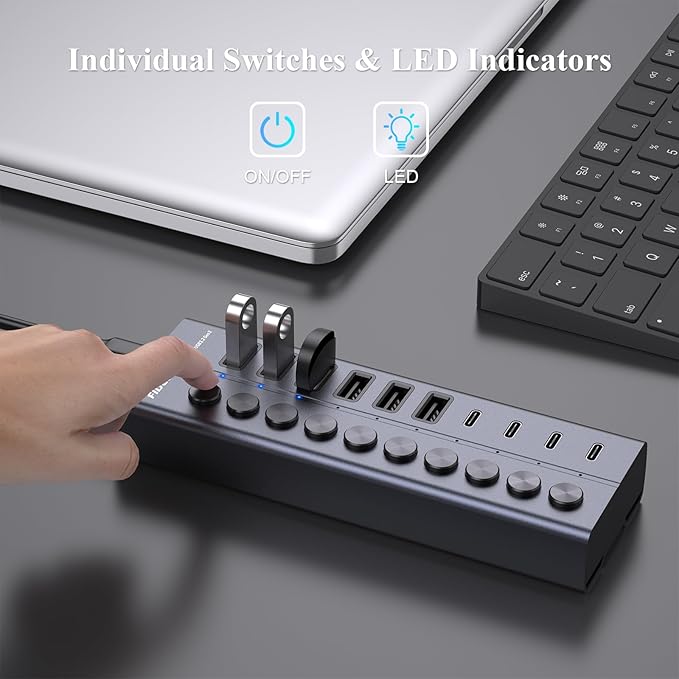 FIDECO 60W Powered USB Hub for Laptop and PC, 10-Port 10Gbps USB Splitter with 12V 5A Power Adapter, Aluminum USB 3.2 Gen 2 Multiport Adapter, 6 USB-A and 4 USB-C Ports, Support BC1.2 Charging