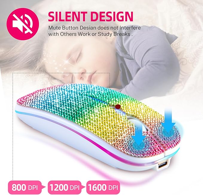 Bluetooth Mouse,Bling Dazzling 2.4GHz Rechargeable Wireless Mouse Slim with USB Receiver, Compatible with Notebook, PC, Laptop, Computer, MacBook,Great Gift idea for Her (Rainbow)