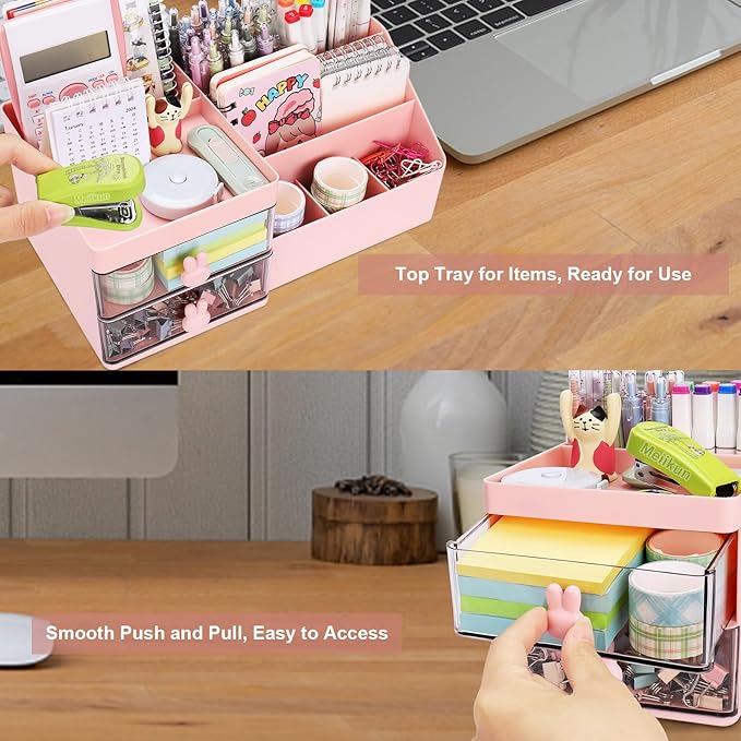 Desk Organizer, Makeup Organizer with 2 Drawers, 7 Compartment & a Top Tray, Desktop Organizers and Storage for Women, Cute Home organization Bathroom, 11" x 5.7" x 4.7" (Pink)
