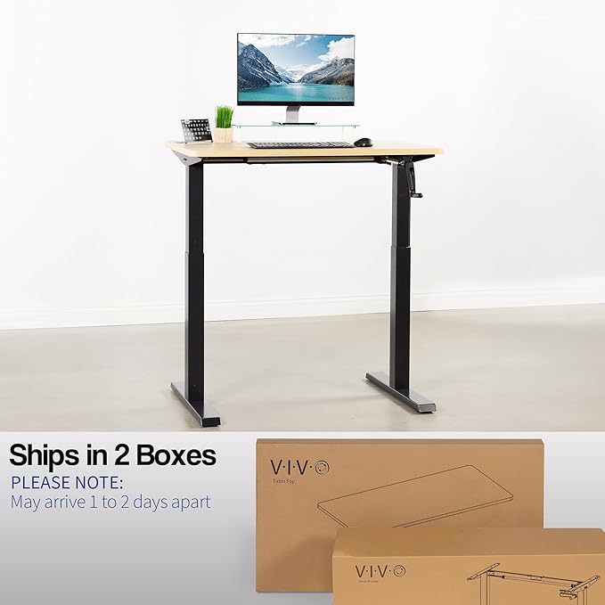 VIVO Manual Height Adjustable 43 x 24 inch Stand Up Desk, Light Wood Solid One-Piece Table Top, Black Frame, Standing Workstation with Foldable Handle, DESK-KIT-MB4C