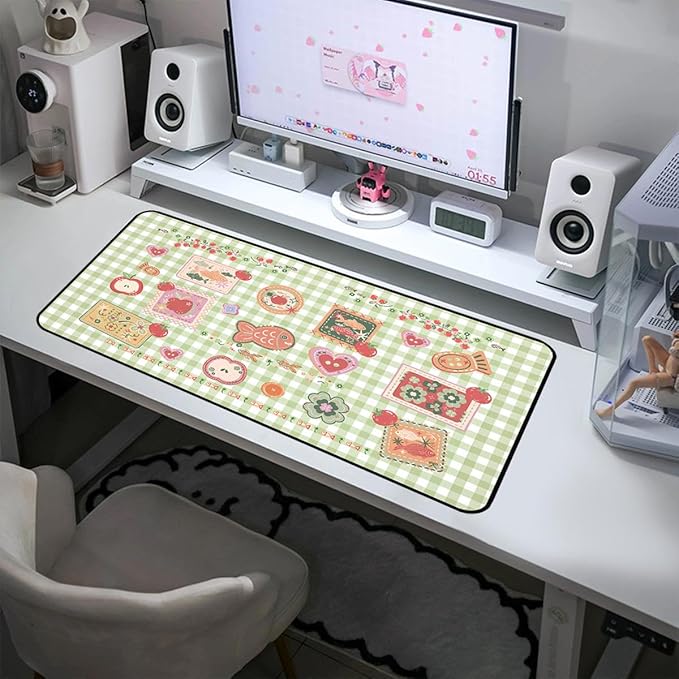 Mouse Pad Cute, Green White Checkered Desk Pad, Retro Gaming Desk Mats, Large Mousepad Laptop Keyboard Mouse Mat, Funny Food Girls Office Desktop Decor Accessories, for Women 31.5"X15.7"