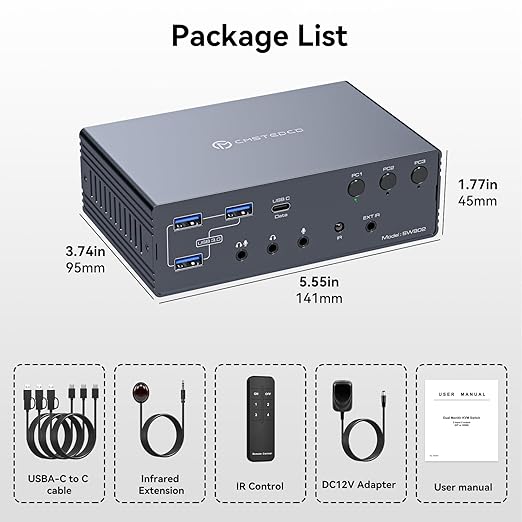 USB C KVM Switch 2 Monitors 3 Computers Docking Station 4K60Hz for M1 M2 M3 M4 Thunderbolt KVM with Displaylink Support USB3.0/USB C in DP/HDMI Out Extended/Mirrored Mode for Windows Mac