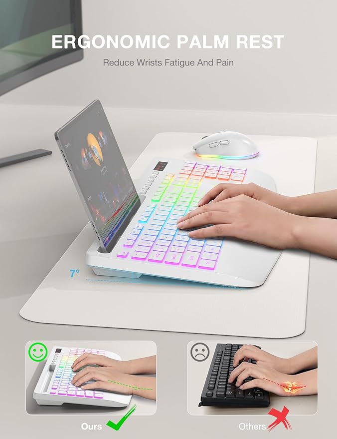 SABLUTE Wireless Keyboard and Mouse Combo, 9 Backlit Effects, Wrist Rest, Phone Holder, 2.4G Lag-Free Ergonomic Keyboards, KM22 MAX Rechargeable Silent Set for Computer, Laptop, Mac, Windows（White）