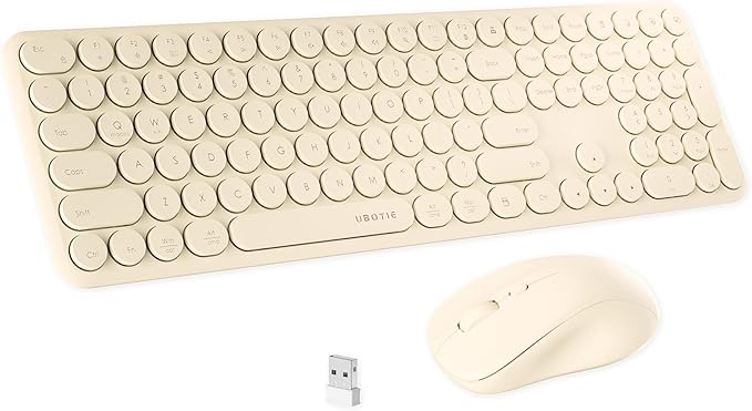 x UBOTIE Wireless Keyboard and Mouse Combo with 110 Round Keycaps, Power Switch, and Scissor-Switch Typing Feel – Ideal for Office Use(Khaki)