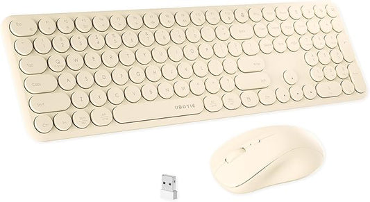 x UBOTIE Wireless Keyboard and Mouse Combo with 110 Round Keycaps, Power Switch, and Scissor-Switch Typing Feel – Ideal for Office Use(Khaki)