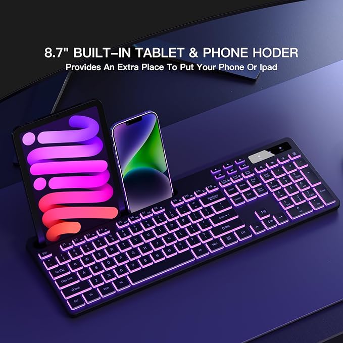Wireless Keyboard with 7-Color RGB Backlit, Full-Size Computer Keyboard with Phone Tablet Holder, 2.4G Rechargeable Gaming Keyboard with Light Up Keys, Compatible with Mac, Windows (Black)